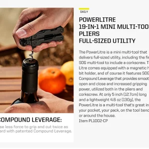 SOG PowerLitre 19 Functions Compact Multitool EDC 5 Inch Lightweight Stainless Steel Multifunctional Pliers W/ Folding Knife Wire Cutter Magnetic Bit Holder Corkscrew For Survival Hiking Home DIY Outdoor Emergency Repair Portable Hand Tools W/ Pocket Clip - Thumbnail Image 5