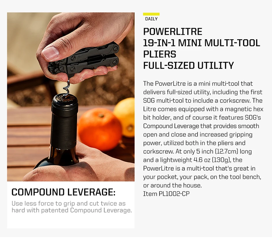 SOG PowerLitre 19 Functions Compact Multitool EDC 5 Inch Lightweight Stainless Steel Multifunctional Pliers W/ Folding Knife Wire Cutter Magnetic Bit Holder Corkscrew For Survival Hiking Home DIY Outdoor Emergency Repair Portable Hand Tools W/ Pocket Clip - Image 5